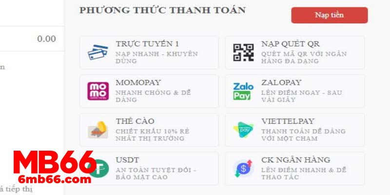 8 phương thức nạp tiền tiện lợi tại MB66